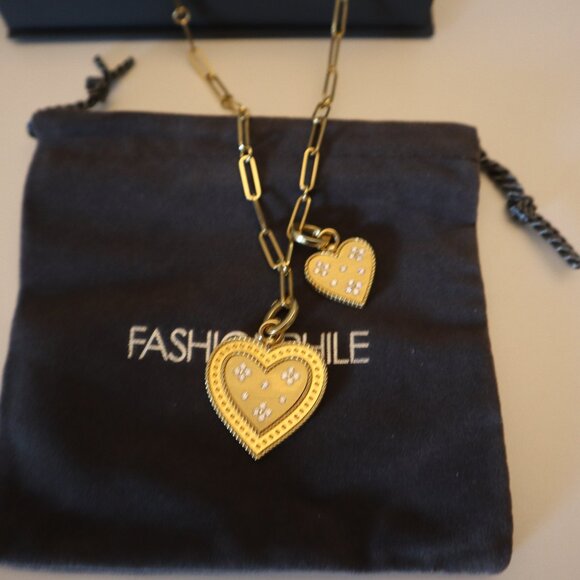 Roberto Coin Jewelry - Roberto Coin 18K Gold Venetian Princess Diamond Hearts Charm Paper Clip Necklace